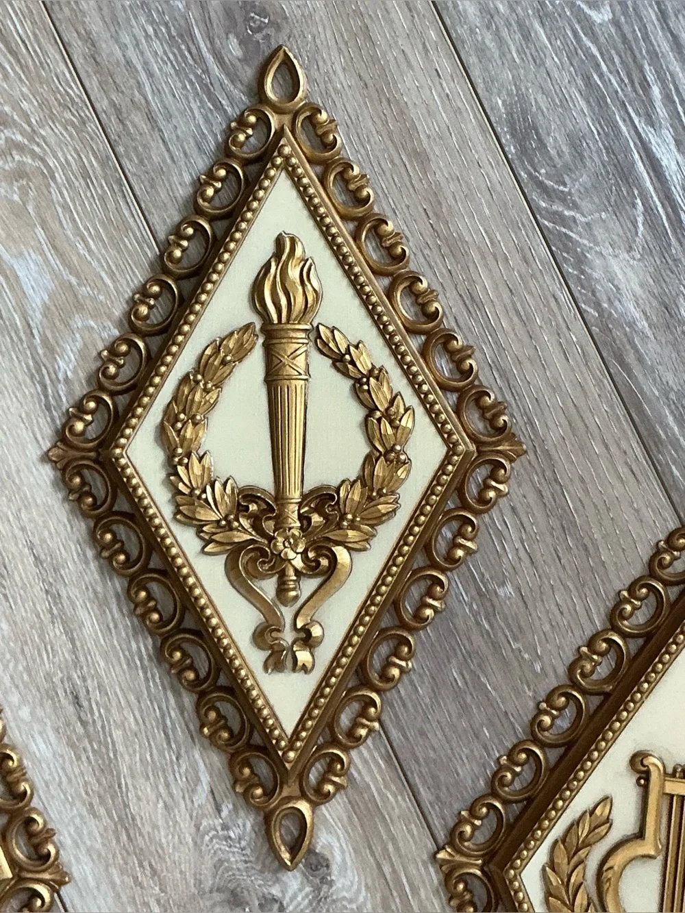 Homco Ornate Gold and Cream Diamond Wall Plaques - Set of 4